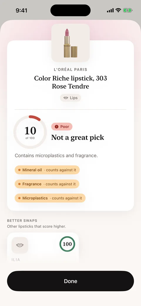 A Checkly result for a lipstick: 10 out of 100, Poor, “Not a great pick. Contains microplastics and fragrance.”, with mineral oil, fragrance and microplastics marked as counting against it, and a better swap that scores 100.