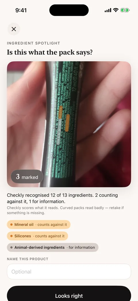 Ingredient Spotlight reading a mascara tube: three ingredients marked on the pack, and “Checkly recognised 12 of 13 ingredients. 2 counting against it, 1 for information.”